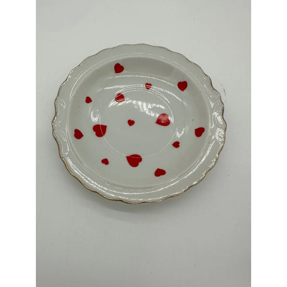 Lefton Pitcher‎ and Saucer Set Vintage Hearts Bow Hand Painted White Red Small